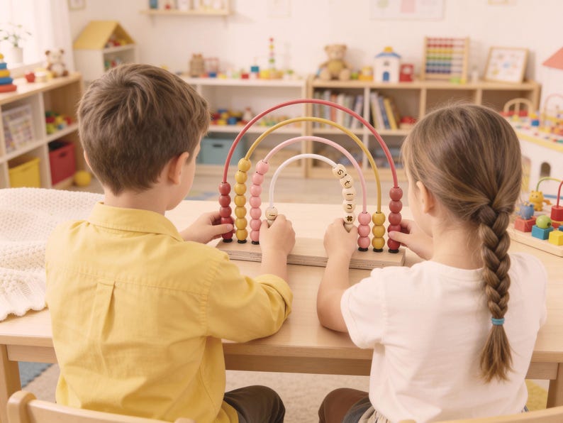 May include: Two children are seated at a wooden table, interacting with a colorful wooden rainbow abacus. The abacus features red, yellow, and pink arches with wooden beads. The word "shine" is visible on the abacus. The children are in a brightly lit room.