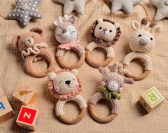 Personalized Toy Rattle with Baby Name, Custom Animal Rattle with Babies Name, Baby Shower & Nephew Gift, Engraved Wooden Soothing rattle