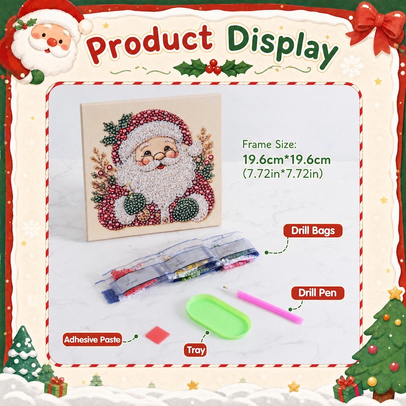 May include: A diamond painting kit featuring a square canvas with a Santa Claus design, measuring 7.72in by 7.72in. The set includes multiple clear plastic drill bags, a pink drill pen, a small green plastic tray, and a square of red adhesive paste.