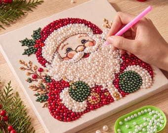 May include: A square canvas featuring a Santa Claus portrait created with small, round, multi-colored beads in red, white, green, and gold. A pink applicator tool is used to place white beads onto the canvas, with a green tray of beads nearby.