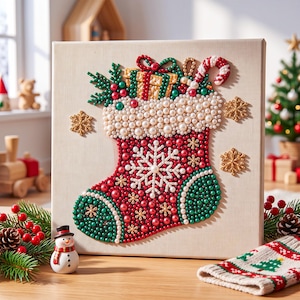 May include: A square canvas featuring a beaded Christmas stocking design. The stocking is filled with a gift box, candy cane, and greenery, decorated with red, green, and white beads, plus gold snowflake accents on a light beige fabric background.
