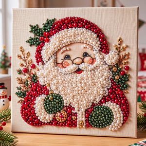May include: A square canvas art piece featuring a portrait of Santa Claus created with numerous small white, red, and green beads. The design includes holly leaves, berries, and gold accents, with Santa wearing round glasses and a textured white beard.