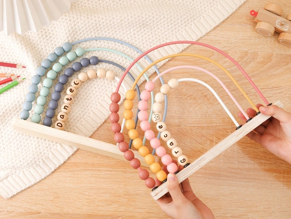 Personalized Wooden Rainbow Abacus, Montessori Educational Toy, Custom Name Beads