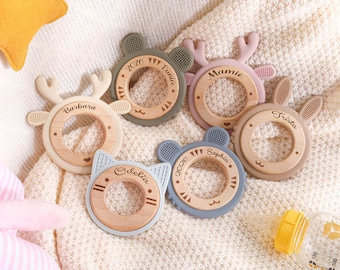 Custom Baby Teething Ring, Personalized Engraved Wooden Teether Gift for Baby, Animal Silicone Teething Toy, Newborn Gifts, Baby Shower Gift