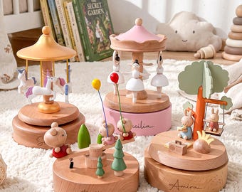 Personalized Musical Wooden  Carousel Music Box,  Baby Name Keepsake, Nursery Decor, Baby Shower Gift