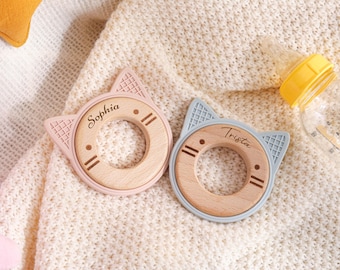 Custom Baby Teething Ring, Personalized Engraved Wooden Teether Gift for Baby, Animal Silicone Teething Toy, Newborn Gifts, Baby Shower Gift