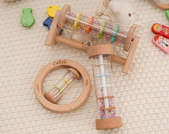 Personalized Wooden Baby Rattle, Baby Rain Stick Rattle, Custom Wood New Baby Gifts, Baby Shower Gifts, Sensory Toy for Kid, Christmas Gift