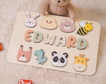 Personalized New Baby Gift Wood Name Puzzle, Custom Handmade Name Puzzle with Animals, Birthday Gift for Kids, Christmas Gifts for Toddlers