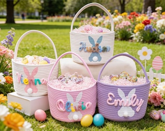 Cesta de Páscoa personalizada com coelhinho, Cesta de presente de Páscoa personalizada com nome para bebê, Cesta para caça aos ovos de Páscoa, Cesta de armazenamento em corda de algodão, Balde de Páscoa