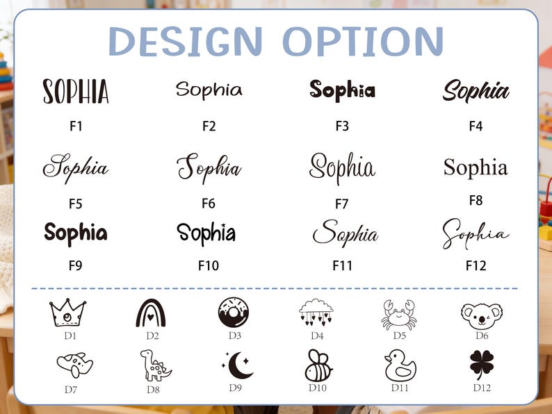 May include: A white background displays design options for the name "Sophia." Twelve font styles are shown, labeled F1 through F12. Below the fonts are twelve small icons, including a crown, rainbow, donut, cloud, crab, koala, airplane, dinosaur, moon, bee, duck, and four-leaf clover.