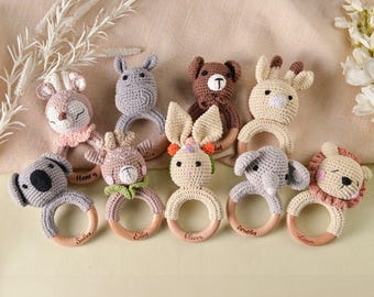 Personalized Toy Rattle with Baby Name,  Animal Crochet Baby Rattle, Baby Shower & Nephew Gift, Engraved Wooden Soothing rattle