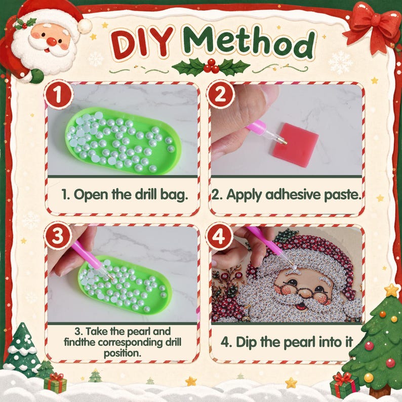 May include: A four-step instructional graphic titled DIY Method featuring a Santa Claus theme. The steps show a green tray with white beads, a pink stylus applying adhesive paste, picking up a bead, and placing it onto a Santa illustration.