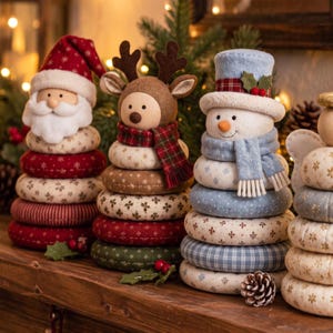 Op de afbeelding: Een set van vier stoffen stapelspeeltjes met een kerstman, een rendier, een sneeuwpop en een engel. Elke figuur is opgebouwd uit gestapelde, bedrukte ringen in feestelijke kleuren zoals rood, groen, blauw en crème met diverse kerstpatronen.