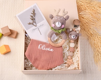 Kundenspezifische Neugeborene Baby-Geschenkbox, personalisiertes Baby-Geschenk-Set, neue Baby-Geschenkbox-Set-Tier-Schnuller-Clip-Rassel-Lätzchen, 2025 Weihnachtsbaby-Geschenk