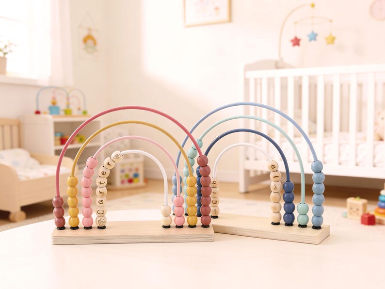 May include: Two wooden rainbow bead mazes on a light wood base. One has pink, yellow, and white arches with the name "Carterly" spelled out. The other has blue, green, and white arches. The toys are in a nursery setting.