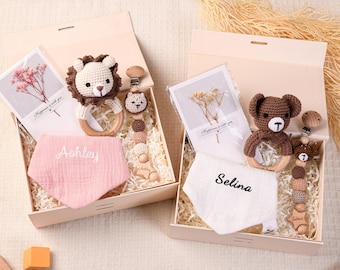 Personalized Baby Gift Set, Customized Newborn Baby Gift Box,New Baby Gift Box Set Animal Pacifier Clip Rattle Bib,2025 Christmas Baby Gift