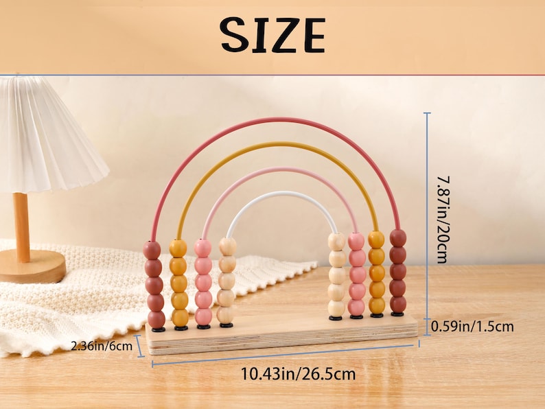 May include: A wooden rainbow abacus toy with colorful beads and arched wires. The abacus is 10.43 inches long, 7.87 inches high, and 0.59 inches thick. The word "SIZE" is printed at the top of the image.