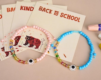 Lucky Mommy and me Bracelet Set, Back to School Bracelet Set, Evil Eye Beaded Bracelet, Perfect Gift for First Day of Kindergarten