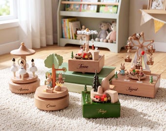 Personalized Musical Wooden  Carousel Music Box,  Baby Name Keepsake, Baby Shower Gifts,Nursery Decor,