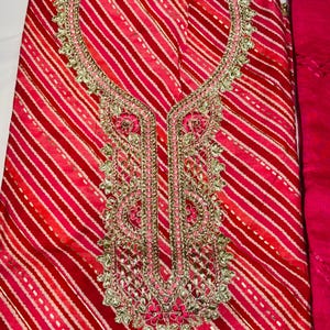 Pink Bandhani Print Salwar Kameez Dress Material | Embroidered Neck Work Unstitched Suit | Indian Ethnic Wear for Women
