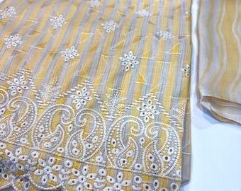 Ensemble de costume en coton brodé | Robe jaune style Chikankari Kurta non cousue en lin, dupatta en mousseline de soie et bas en coton