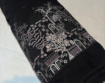 Tissu Lachka noir épais au mètre | Tissu à bordure brodée | Tissu pour vêtements de créateurs | Tissu ethnique pour kurtas, chemises, vestes et blazers