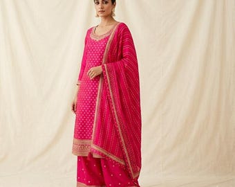 Ensemble palazzo en soie Vichitra rose, ensemble palazzo indien, ensemble salwar kameez de soirée, encolure brodée, tissu pour robe indienne festive