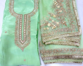 Ensemble de costume vert menthe à broderies Gota Patti, tissu pour robe en organza pur à broderies Gota Patti, dupatta en semi-organza brodé, tissu pour costume festif indien