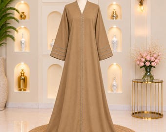 Abaya abierta de tela Zoom color marrón camel, elegante vestido modesto con ribete de cuentas plateadas, abaya musulmana de lujo, ropa islámica, atuendo para Eid y Ramadán.