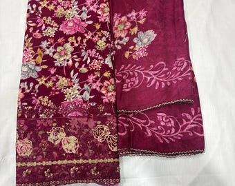 Ensemble en coton bordeaux avec dupatta en coton | Ensemble salwar en coton brodé de fleurs | Tissu pour robe indienne 3 pièces | Ensemble de style pakistanais