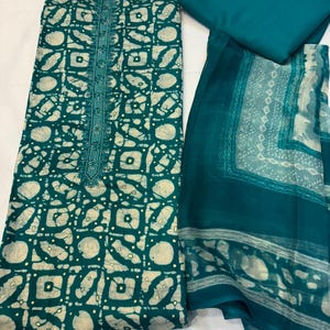 Teal blue Batik Print Cotton Suit Set with Chiffon Dupatta | Embroidered Kurta | Indian Ethnic Salwar Kameez | Festive & Casual Wear