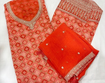Ensemble de costume en soie Dolla avec dupatta en organza pur, costume salwar orange brodé, tenue ethnique indienne, robe de cérémonie de mariage, costume de créateur