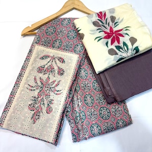 Elegant Cotton Unstitch Suit Set for Women | Printed Kurta Fabric with Embroidered Panel Floral Cotton Dupatta | Soft Cotton Dress Material