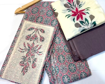 Ensemble de costume élégant en coton pour femme | Tissu kurta imprimé avec empiècement brodé dupatta en coton à fleurs | Matériau de la robe en coton doux