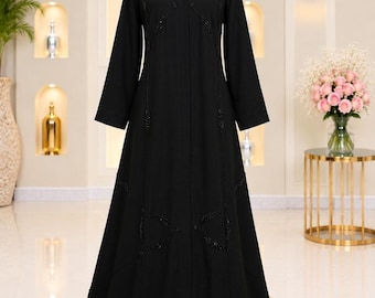 Elegant Black Nida Abaya with Beaded Handwork, Luxury Modest Islamic Dress, Full Length Muslim Women Abaya, Occasion Wear