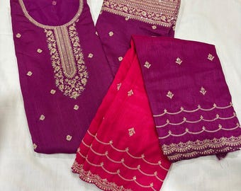 Ensemble en soie Vichitra pour femme, salwar kameez brodé prune magenta, tissu pour robe ethnique indienne, tenue de fête et de mariage, tissu pour costume de créateur