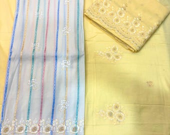 Ensemble complet en coton à rayures pastel, dupatta en coton et bas brodé | Élégant costume salwar d'été | Matériaux de robe ethnique de créateur