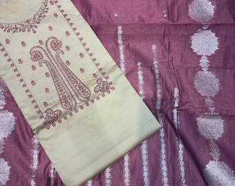 Ensemble de costume brodé en coton | Rose Banarasi Dupatta, Robe ethnique sans couture