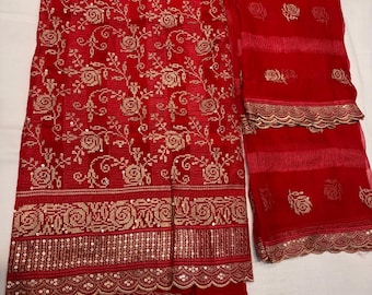Ensemble complet brodé en organza rouge et dupatta en mousseline de soie | Gros oeuvre Salwar Kameez décousu | Robe de soirée indienne