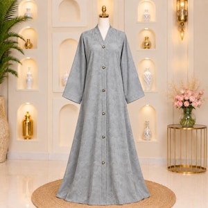 Women’s Gray Nylon Zoom Abaya, Elegant Modest Long Dress, Button Front Open Islamic Dress, Floral Pattern Abaya, Muslim Clothing