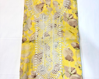 Ensemble complet jaune en coton à fleurs, broderies sur le cou et dupatta en filet | Costume d'été Salwar de créateur | Matière vestimentaire ethnique élégante pour femme