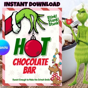 Op de afbeelding: Een digitale download graphic voor een warme chocoladebar, met een groene hand, een rode versiering en de tekst "HOT CHOCOLATE BAR". Het Grinch-personage is ook aanwezig, met een mok warme chocolademelk.