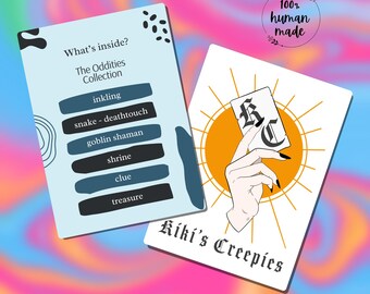 May include: Two cards with text and illustrations. One card reads "What's inside? The Oddities Collection" with a list of items. The other card features a hand holding a card with the text "Kiki's Creepies". The background is a colorful swirl.