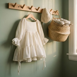 Boho Baby Girl Dress - White Ruffle Toddler Tunic - Cottagecore Tiered Infant Outfit - Cream Cotton Smock - Vintage Style Girl Clothes