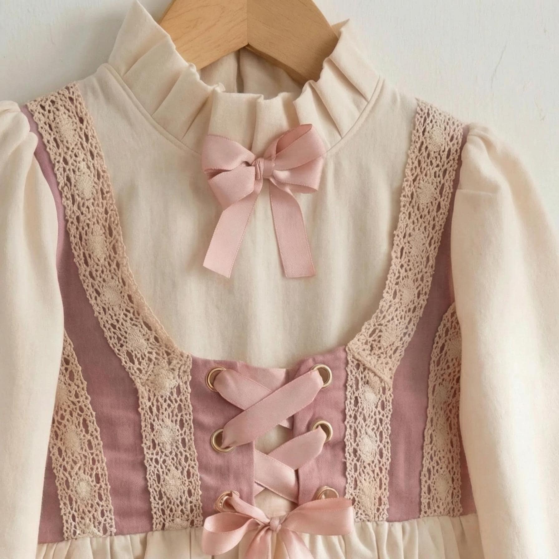 Vintage Cotton Baby Girl Dress, Lace Corset Princess Gown, Pink Ribbon Birthday Outfit