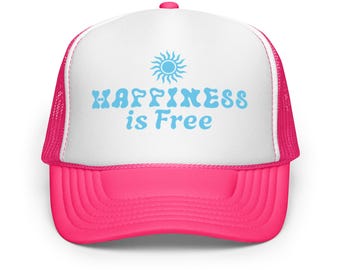 Gorra de camionero "La felicidad es gratis" - Gorra de espuma con estampado azul y rosa - Gorra ajustable Snapback para mujer