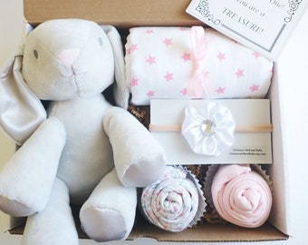 Baby Girl Gift, Baby Shower Gift, Gift for Babies. New Baby Gift, Baby Girl Gift Box, Swaddle, Bodysuits, Headband, Toy