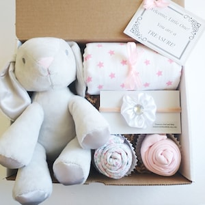 Baby Girl Gift Box: Muslin Swaddle, Bodysuits, Headband & Stuffed Animal