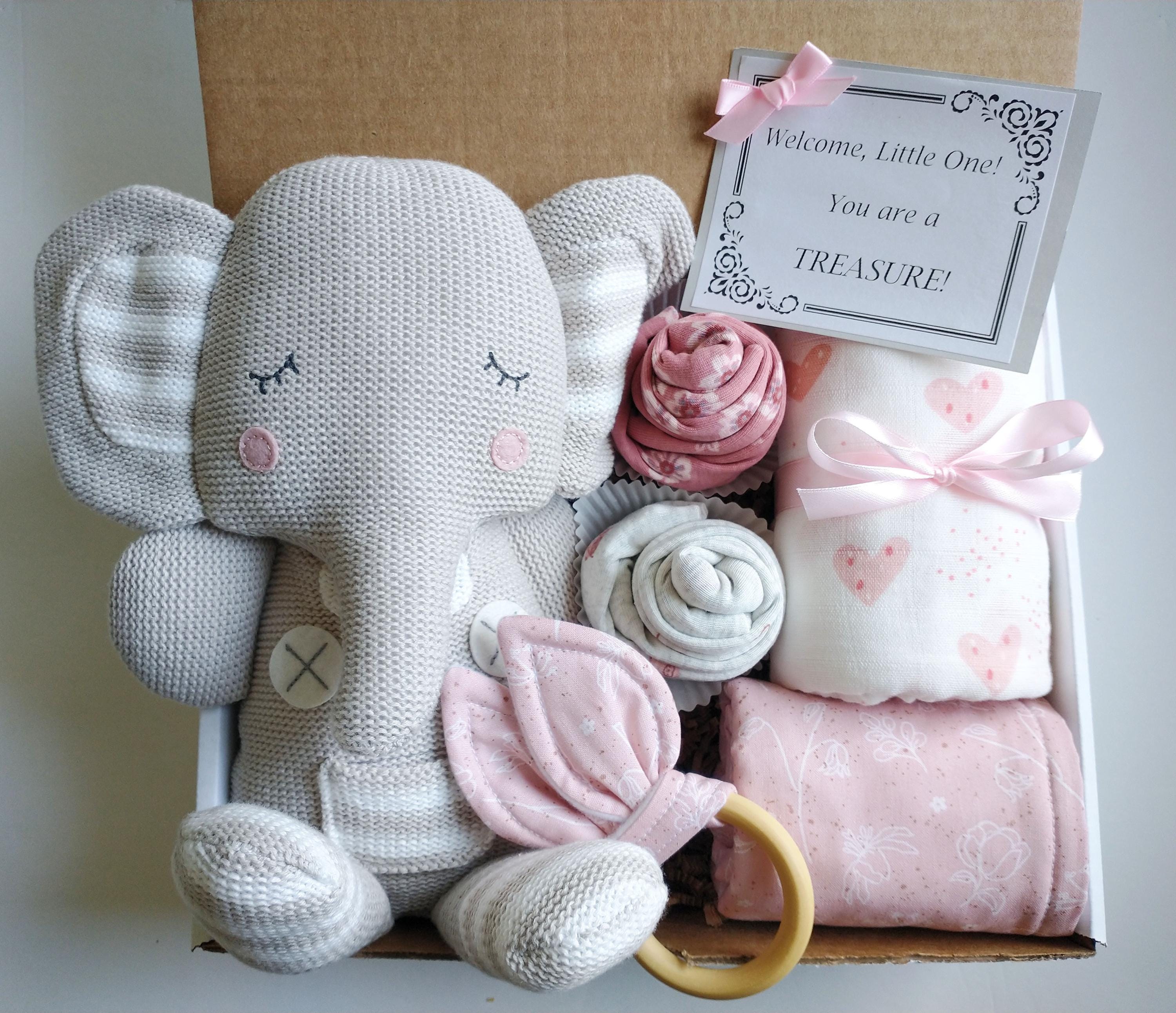Baby Girl Gift Box, Baby Gift Set, Baby Shower Gift, Gift for Babies, New Baby Gift, Baby Gift Basket, Welcome Baby Gift, Knitted Elephant