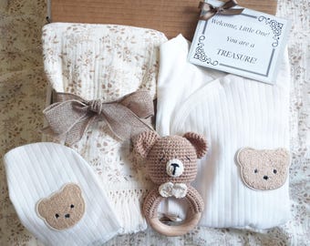 Teddy Bear Baby Gift, New Baby Basket, Gender-Neutral Gift Set, Welcome Home Baby